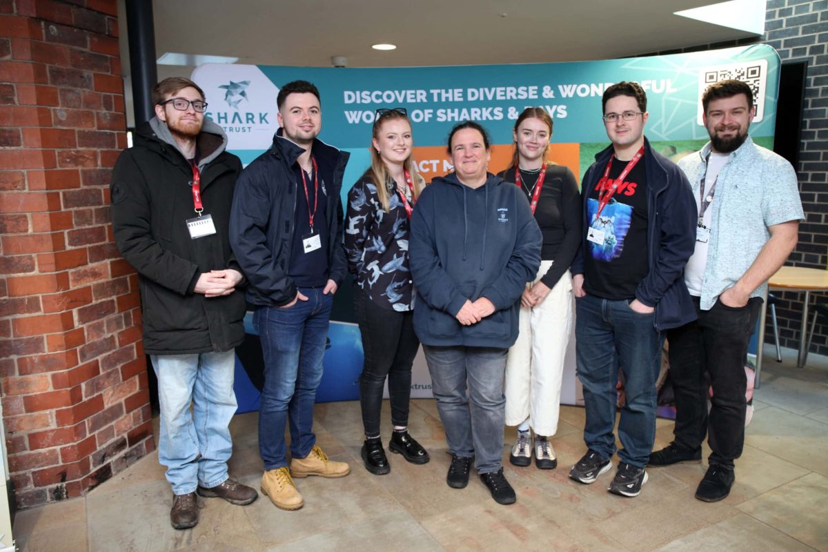 Pictured from left are Grant Woods and Lewis Griffin from the British Divers Marine Life Rescue (BDMLR), Shannon Bylthin from The University of Chester, Caroline Robertson-Brown from The Shark Trust, Sophie Wilday from the University of Exeter, Jack Cooper from Swansea University, and Donovan Lewis from University Centre Reaseheath.