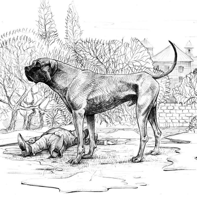 A large houd dog standing over a man who is on the floor